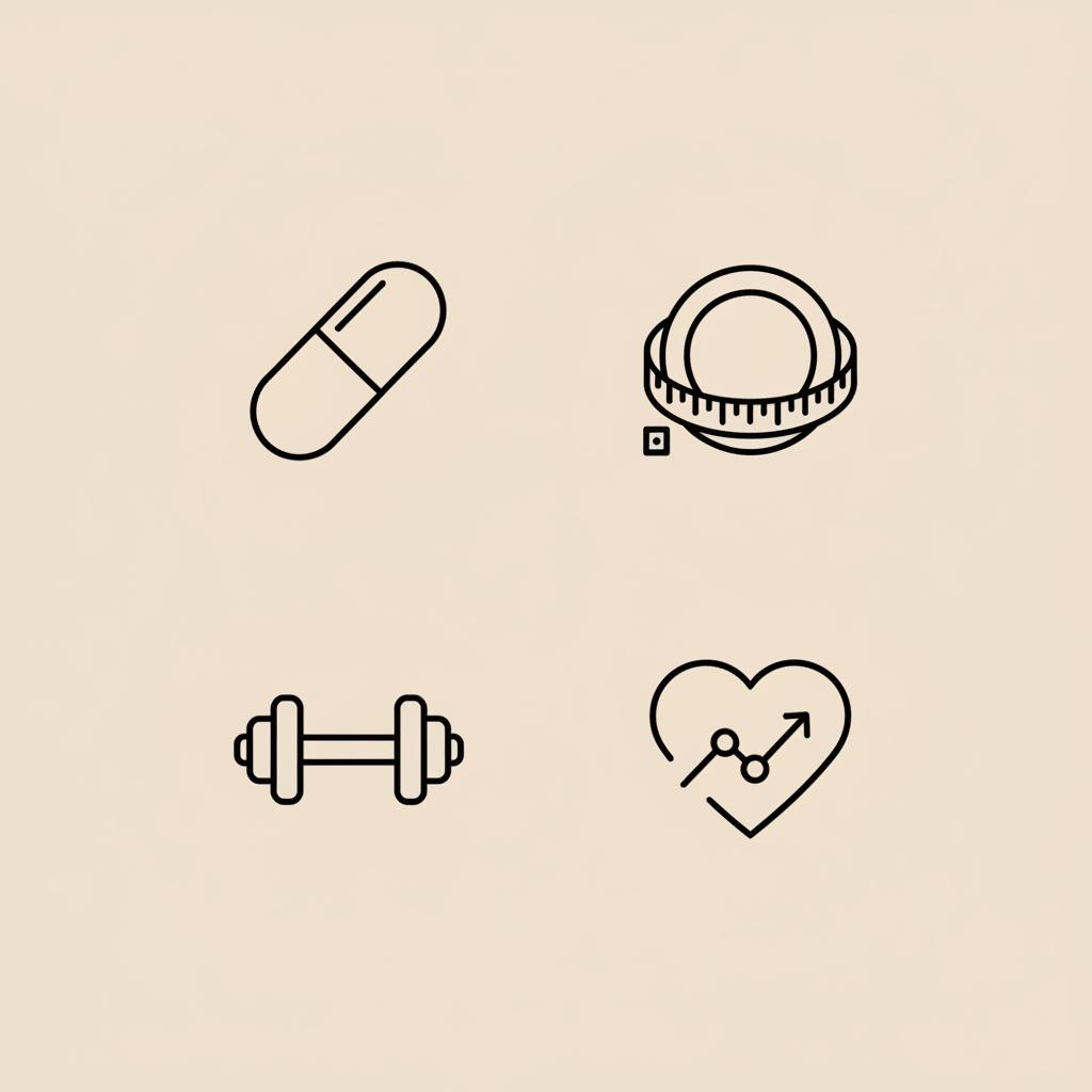 Minimalist Tonum-style vector of metabolic health components: capsule, measuring-tape around circular badge, dumbbell, and heart with chart line on beige #F2E5D5