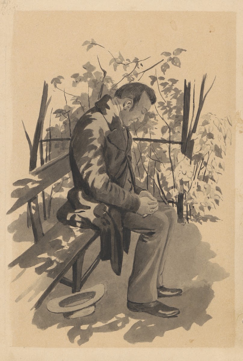 A man is sitting asleep on a bench in the shade 1923