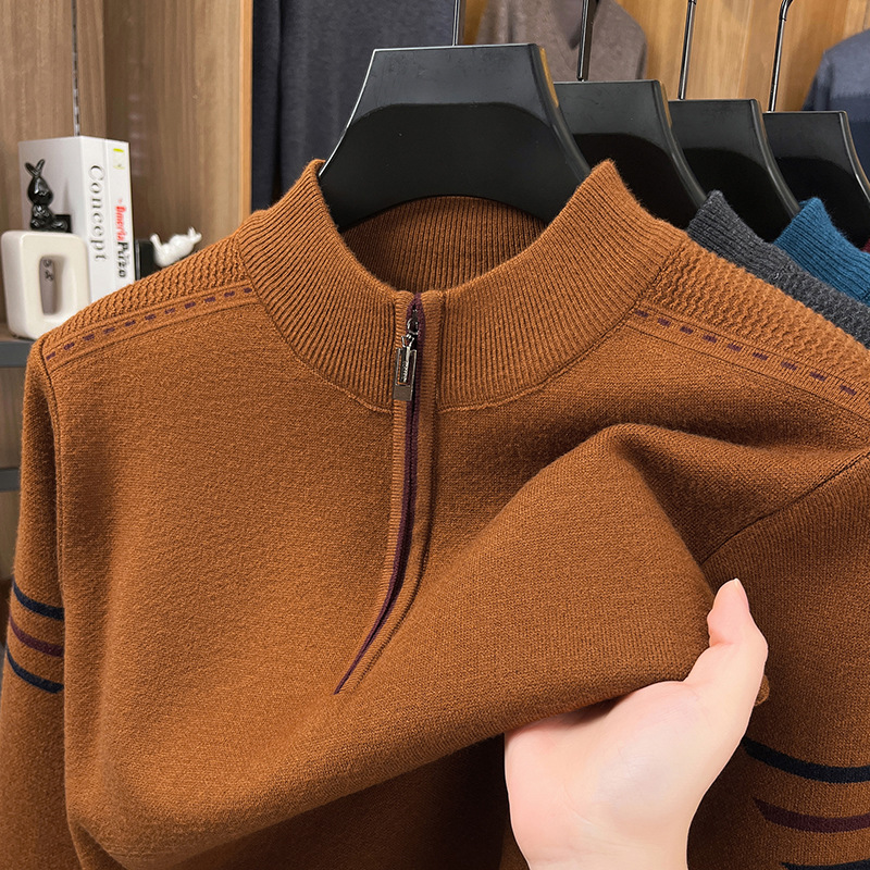 Men's knitted sweater with zipper and stand-up collar