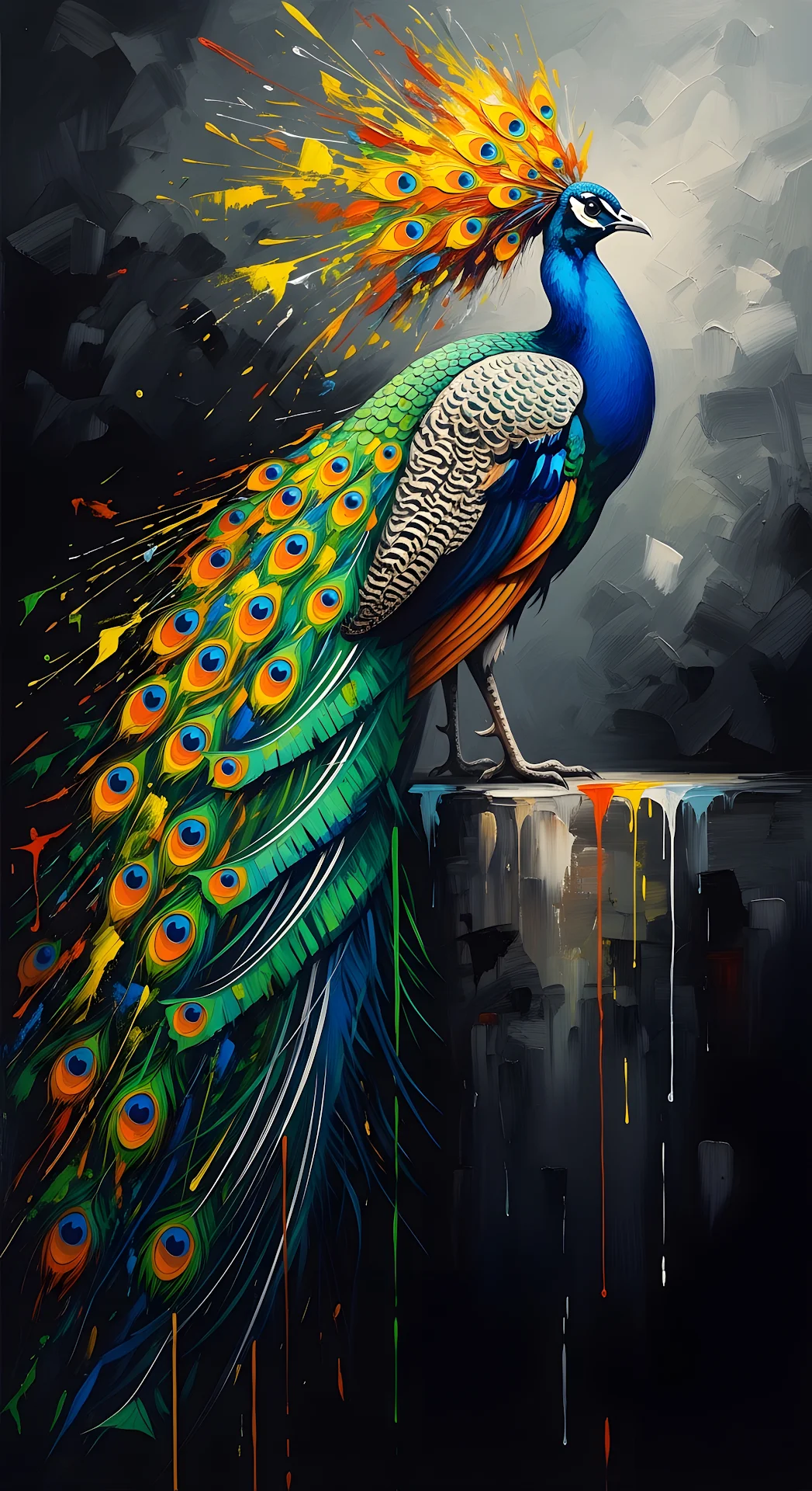 Vibrant Abstract Painterly Peacock with Detailed Feathers on Dark Background - Free 4K mobile Wallpaper
