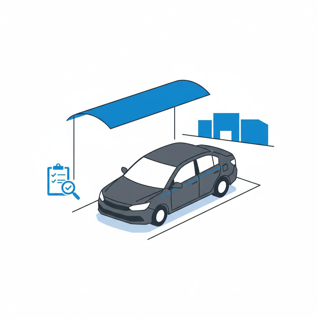 Minimalist vector of a compact sedan and clipboard checklist at a dealership representing a walkaround inspection used car companies near me