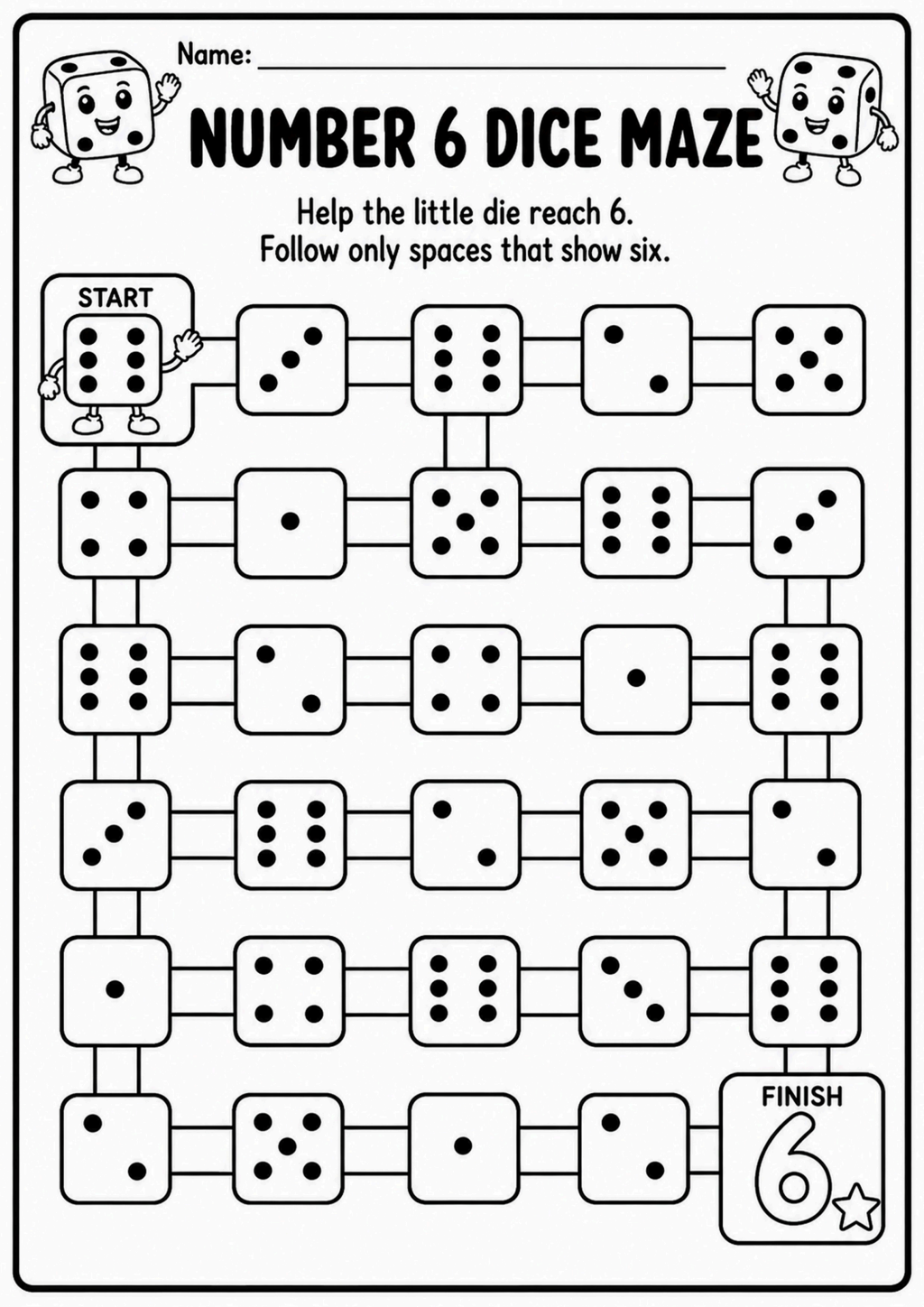 Number 6 Dice Maze Worksheet