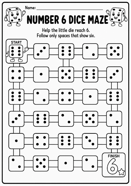 Number 6 Dice Maze Worksheet