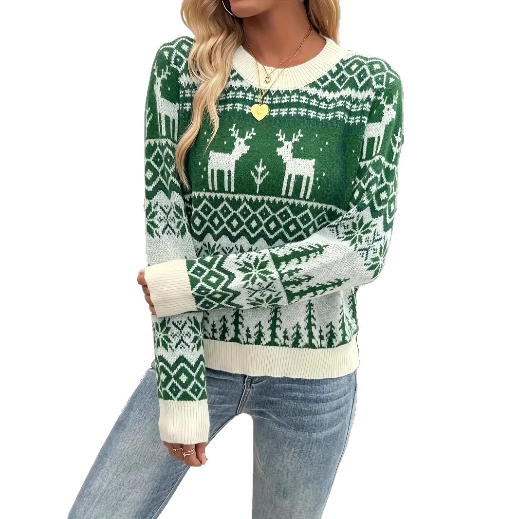 Retro Christmas Sweater for Women with Reindeer Jacquard