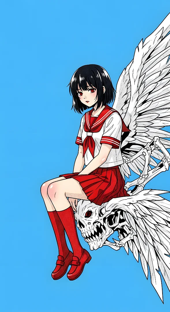 Anime Girl in Sailor Uniform Sitting on Winged Skull