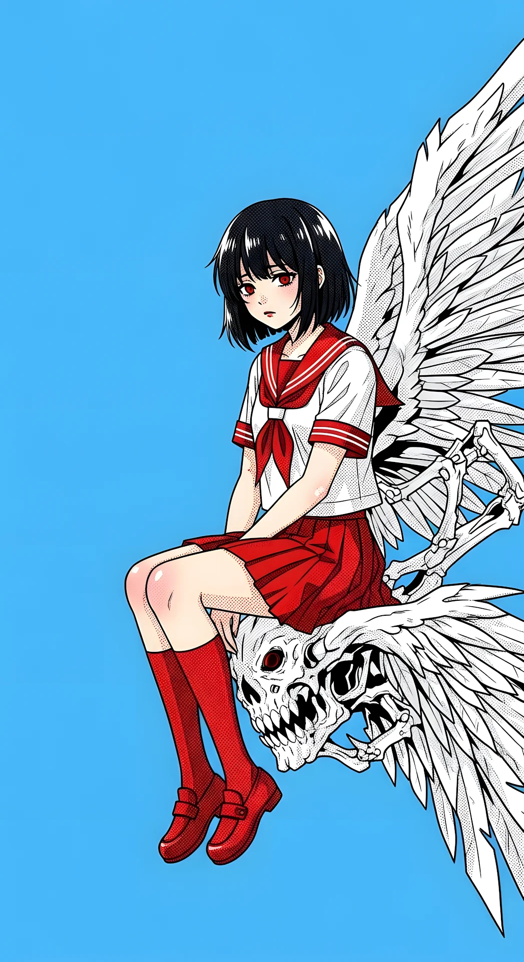 Anime Girl in Sailor Uniform Sitting on Winged Skull - Free 4K mobile Wallpaper