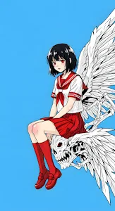 Anime Girl in Sailor Uniform Sitting on Winged Skull