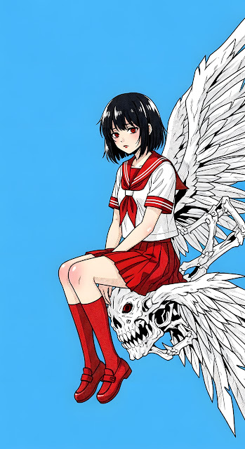 Anime Girl in Sailor Uniform Sitting on Winged Skull - Free mobile Wallpaper