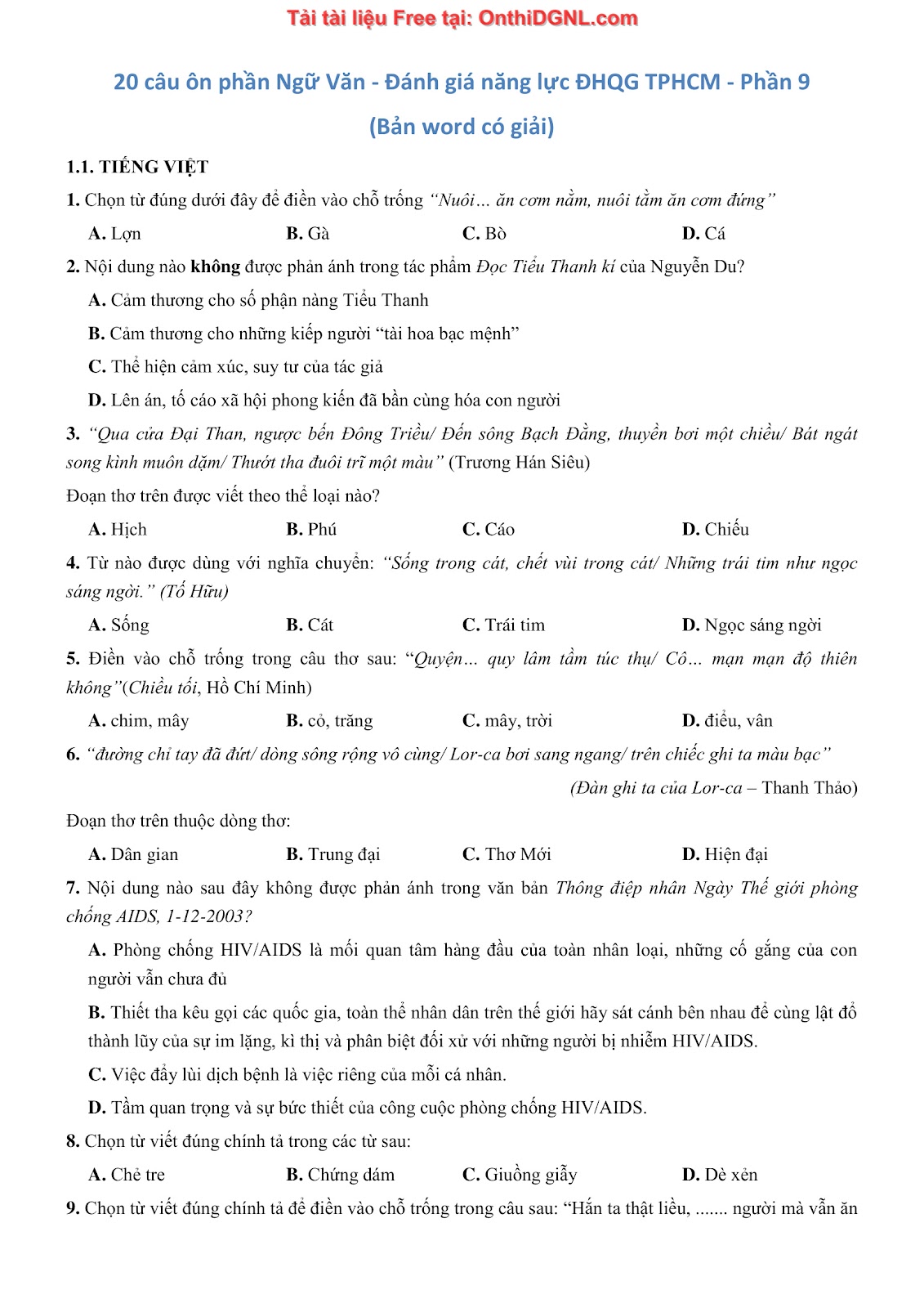 500 bài tập môn Ngữ Văn - Ôn thi ĐGNL ĐHQG TP HCM Phần 9