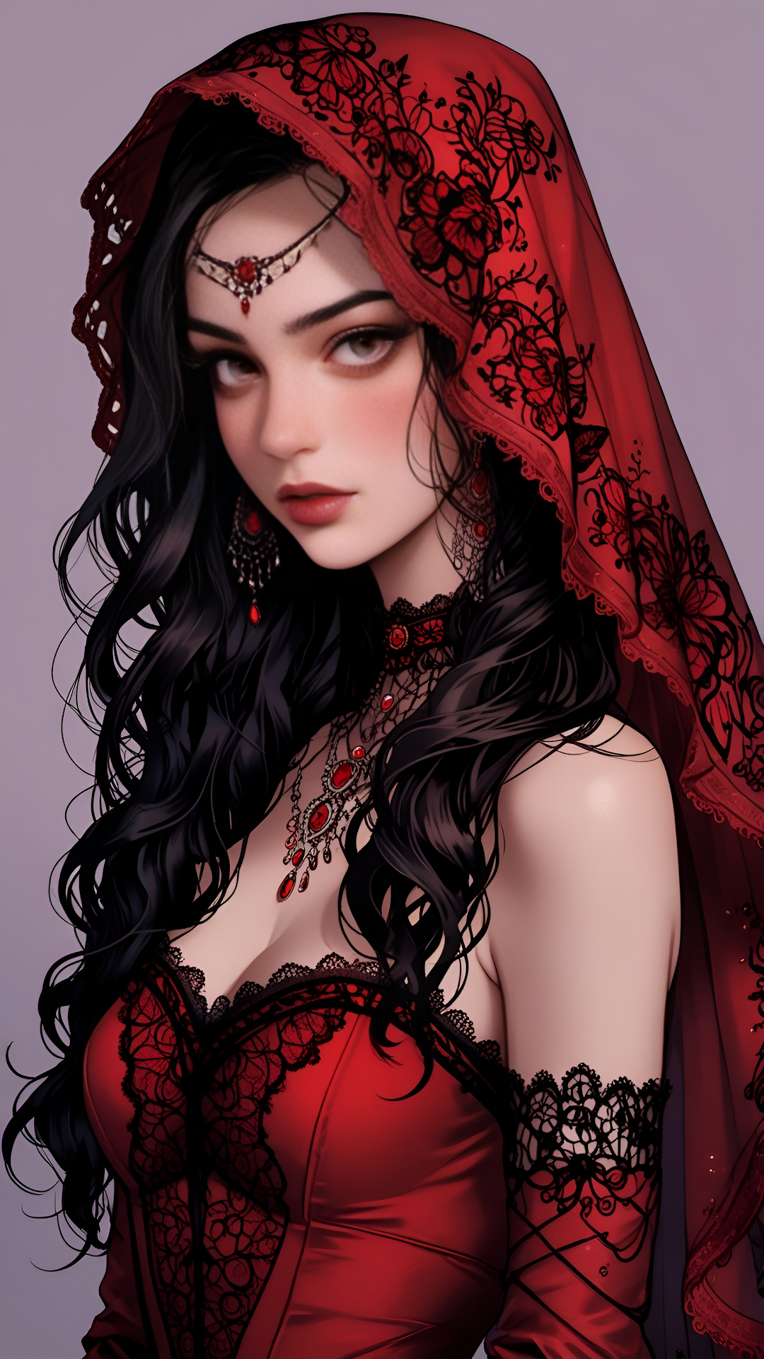 Gothic Vampire Queen Red Lace Veil Fantasy Portrait - Free 4K mobile Wallpaper