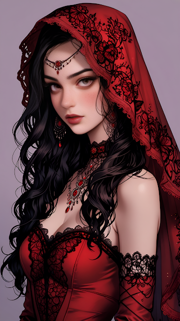Gothic Vampire Queen Red Lace Veil Fantasy Portrait - Free mobile Wallpaper