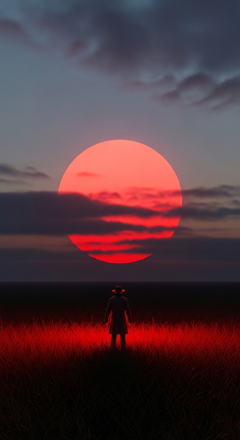 Isolated Figure Standing in a Field Under a Giant Apocalyptic Red Sun or Moon - Free mobile Wallpaper