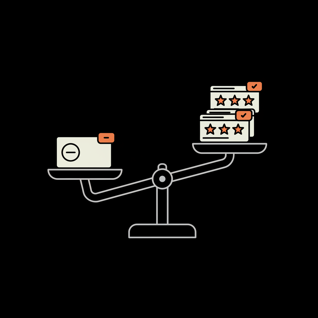 Minimal vector infographic of a balance scale with one negative review card outweighing several positive review cards, illustrating Google review removal.