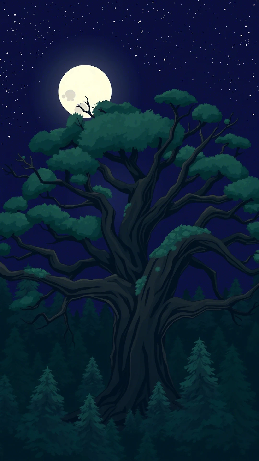Ancient Gnarled Tree Full Moon Night Forest Art - Free 4K mobile Wallpaper