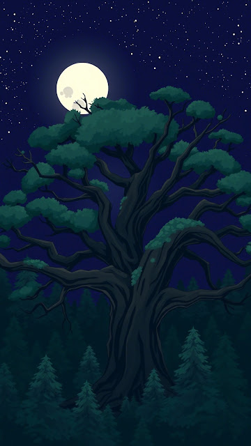 Ancient Gnarled Tree Full Moon Night Forest Art - Free mobile Wallpaper