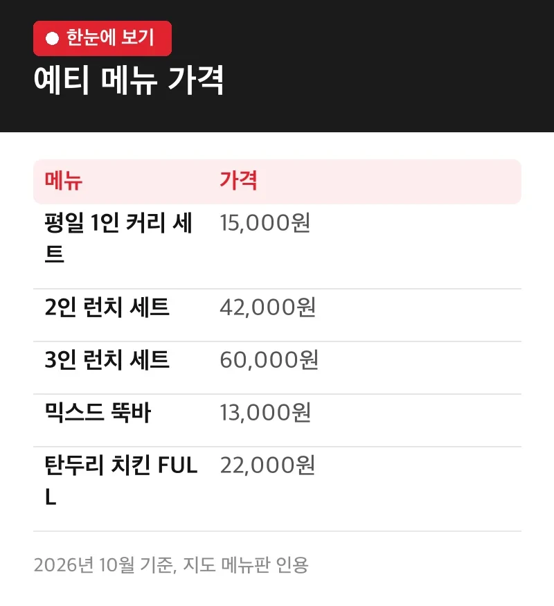 예티 메뉴 가격