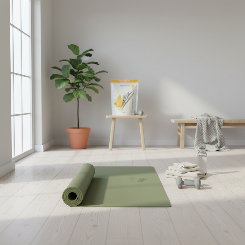 Minimalistische Heimtrainingsszene mit Yogamatte, leichten Hanteln und Winterlicht im skandinavischen Wohnzimmer – Kontext: Wie alt muss man für Bungee Fitness sein?