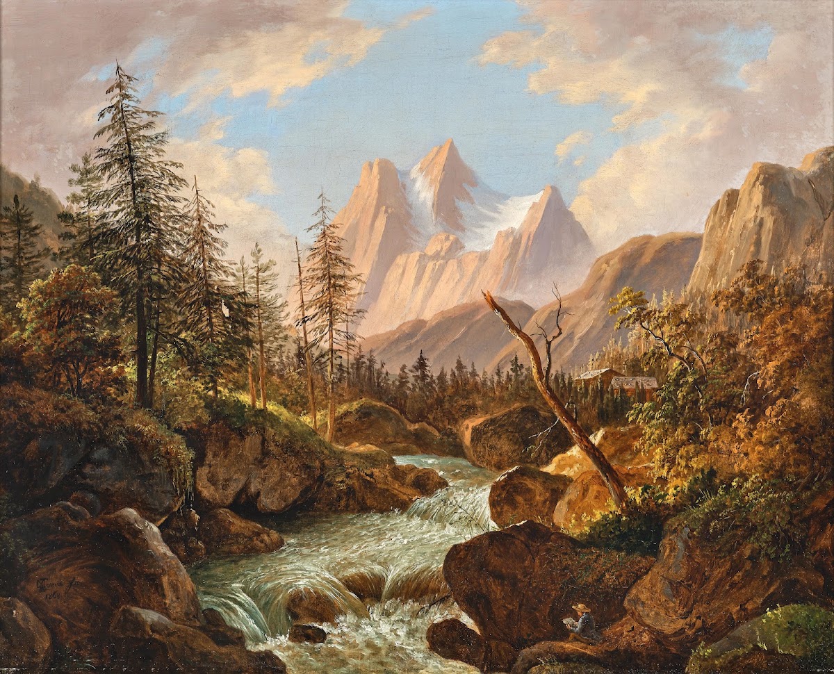 A painter by a mountain stream