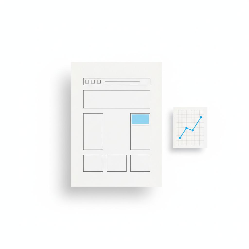 Overhead 2D vector sketch of a pared-back homepage wireframe beside a small printed conversion chart with blue accent, illustrating Is $10 a day enough for Google Ads?