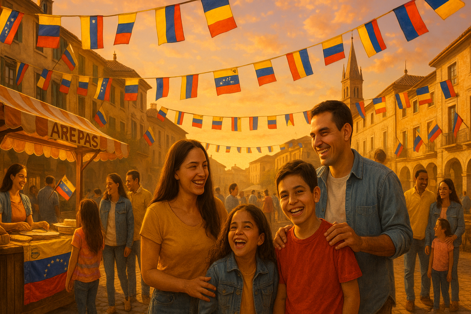 Familias venezolanas emprendiendo en una plaza de pueblo europeo, con arepas y banderas pequeñas