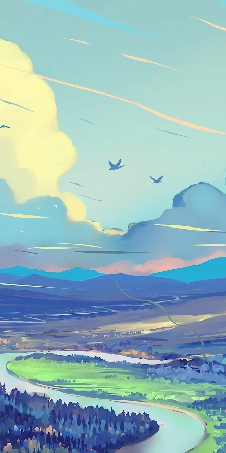 Painting, Clouds, Sky, Landscape, River 5K Phone Wallpaper