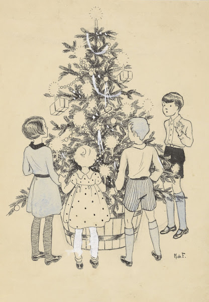 Vier kinderen rondom een kerstboom 1928 1941