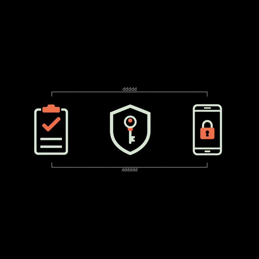 Full-frame minimalist infographic on black background with vector checklist, shield-with-key, and smartphone-lock icons in brand colors for Facebook account recovery