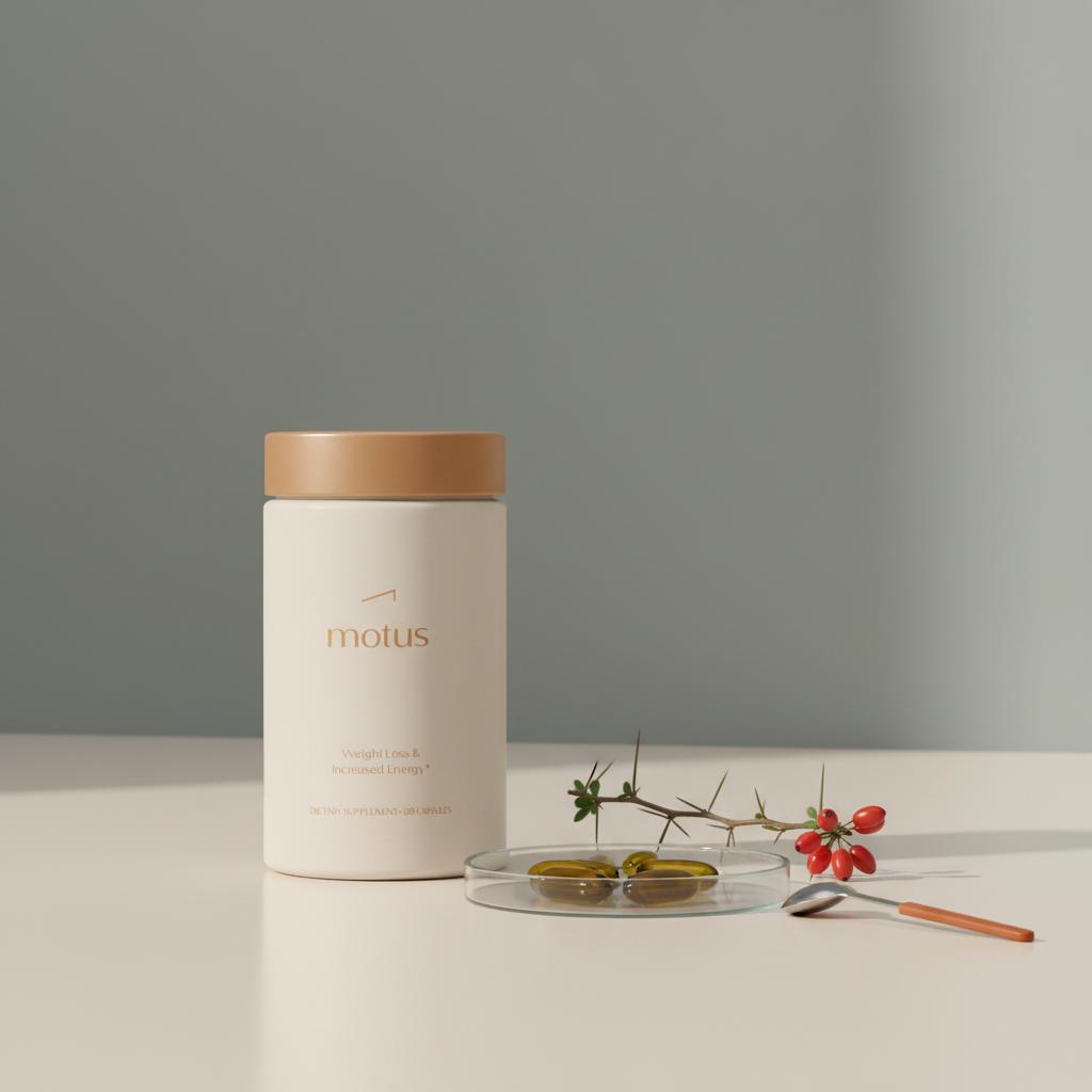 Tonum Motus bottle on a lab table with a petri dish of glossy berberine capsules and a berberis sprig, research-backed natural origins — what is the best form of berberine for weight loss