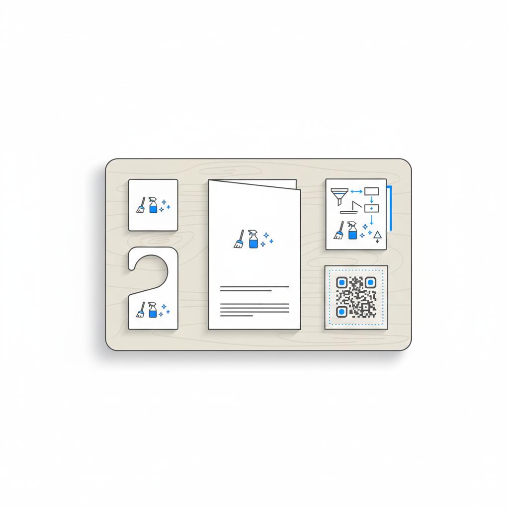 Flat-lay vector illustration of door-hangers, a clean flyer, and a QR code placeholder to advertise my house cleaning services in Agency Visible brand colors