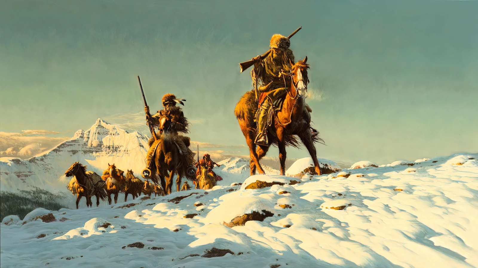 Mountain Men, Western Art, Native Americans, Winter Scene 4K Wallpaper Background (3840x2160)