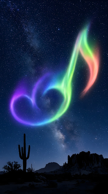 Imaginative Night Sky with Musical Note Aurora Over Desert - Free mobile Wallpaper