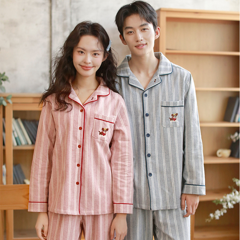 Cotton pajamas for couples, striped, embroidered
