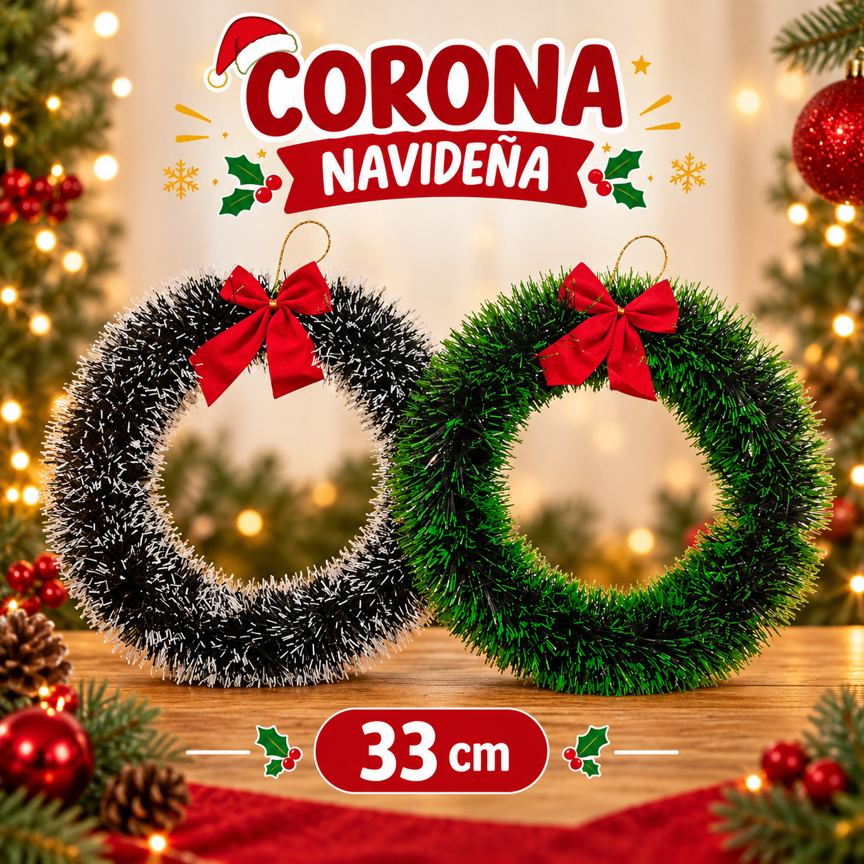 Corona navideña de tinsel con moño rojo 33 cm