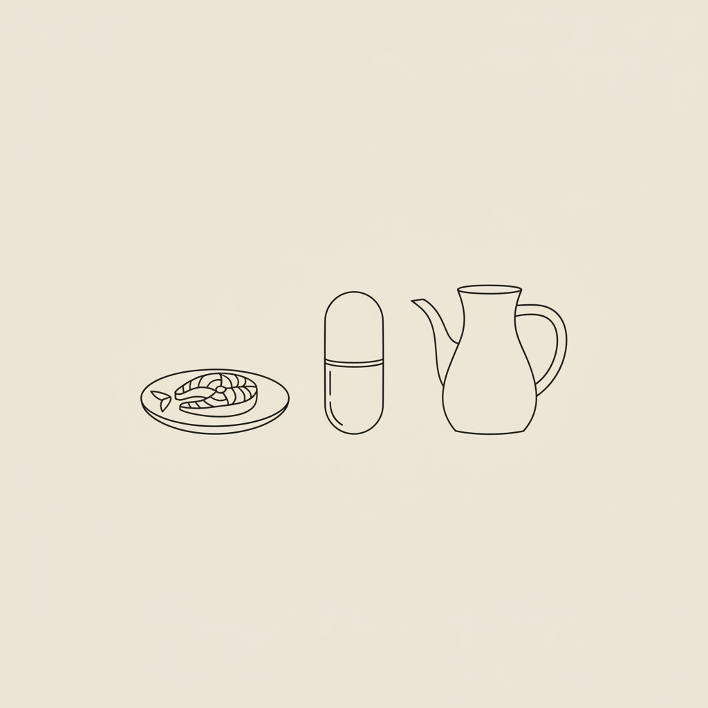 Minimalist Tonum-style line illustration of a capsule, a small plate with a fish portion, and a water carafe on a beige background — bariatric multivitamin visual