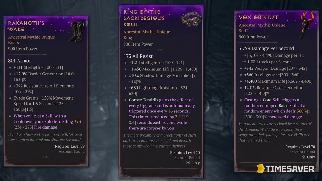 Diablo 4 Season 14 Ancestral Mythic Unique item tooltips, the endgame reward the Realmwalker farm loop feeds into