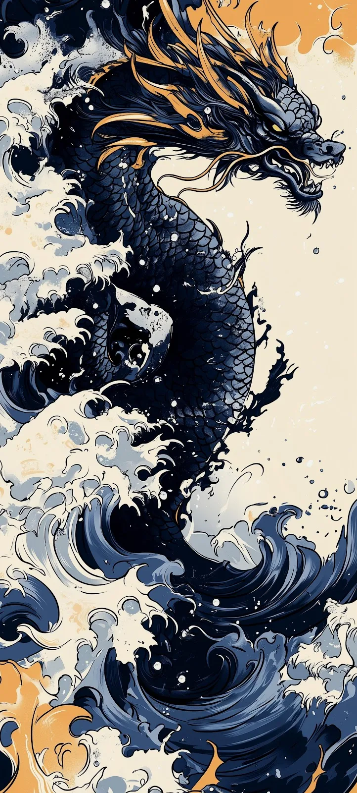 Dragon Rising From Ocean Waves - Japanese Illustration 4K iPhone Wallpaper (2236x4957)