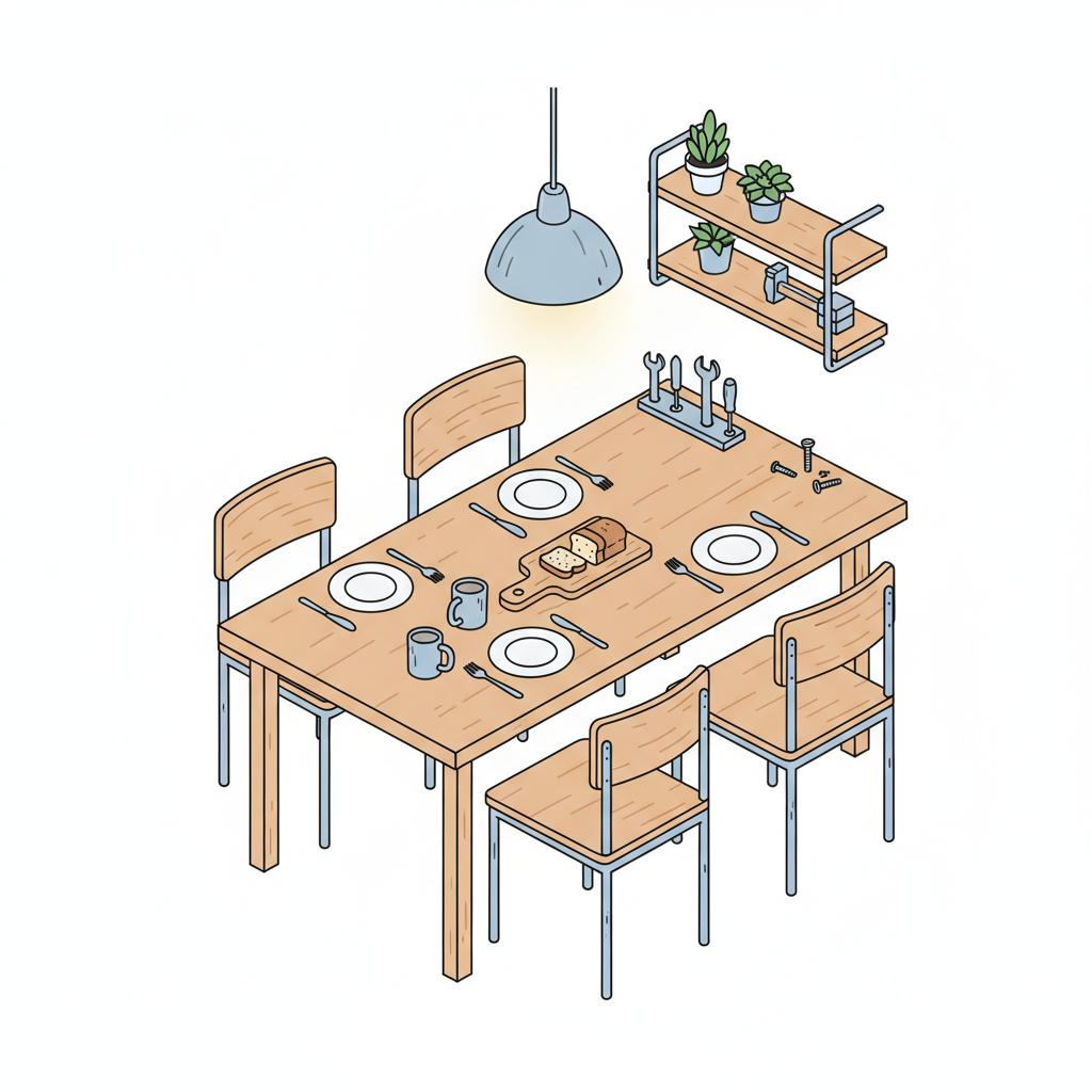 Minimalistische 2D-Vektor-Illustration eines gedeckten Abschiedstischs mit leeren Stühlen und warmem Industriecharme – Was wünscht man einer Arbeitskollegin zum Abschied?