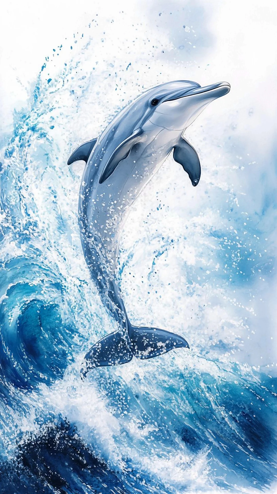 Dynamic Dolphin Leaping Ocean Wave Watercolor Painting Art - Free 4K mobile Wallpaper