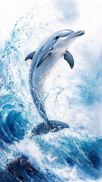 Dynamic Dolphin Leaping Ocean Wave Watercolor Painting Art - Free mobile Wallpaper