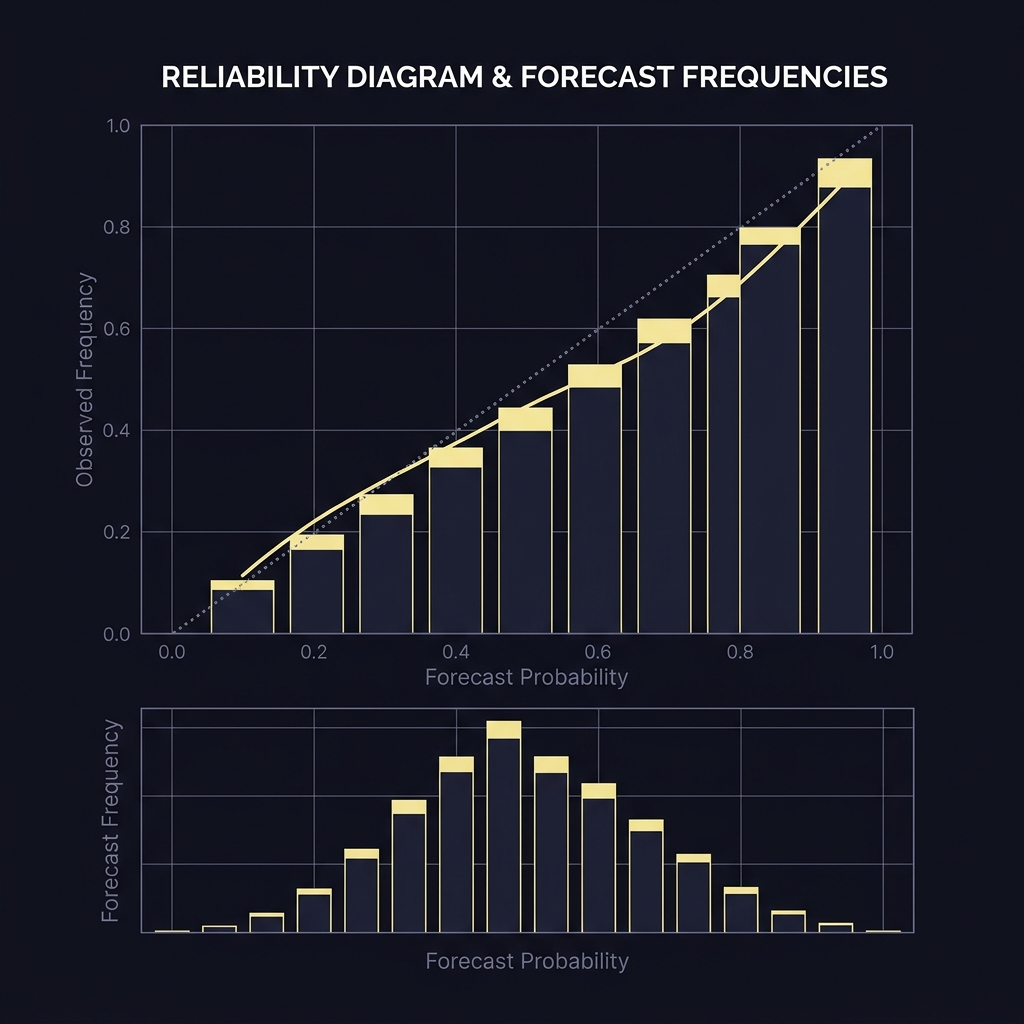 How Calibration Improves Sports Forecasts reliability diagram showing binned forecast probabilities and a forecast frequency histogram on a Funded Plays dark background