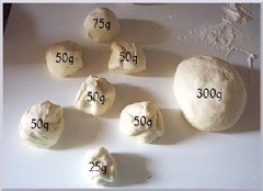 Chia bột thành 1 khối 300g, 1 khối 75g, 5 khối 50g và 1 khối 25g. Lăn những phần bột (trừ loại 300g và 1 phần 50g) thành những thanh dài thuôn tròn một đầu. Còn phần 25g thì nắn nhọn đầu để làm đuôi rùa.