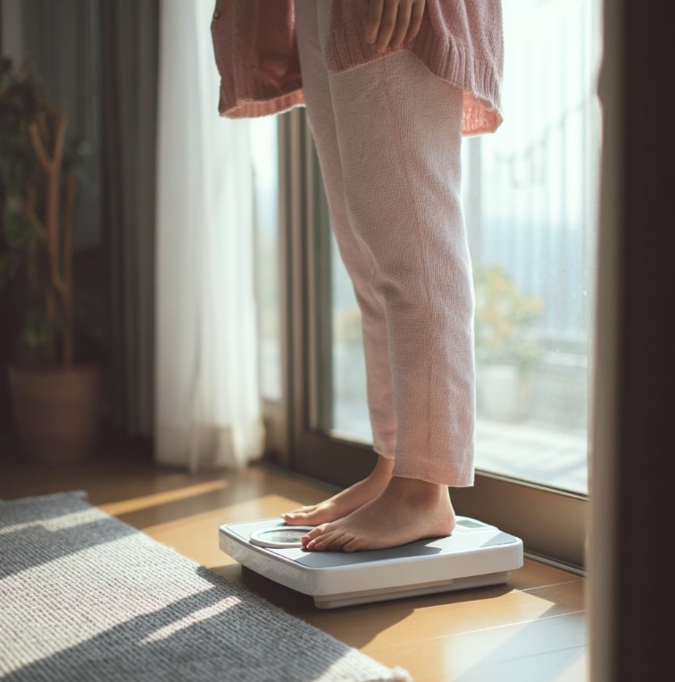 체중 변화를 확인하며 걱정하는 일상 장면