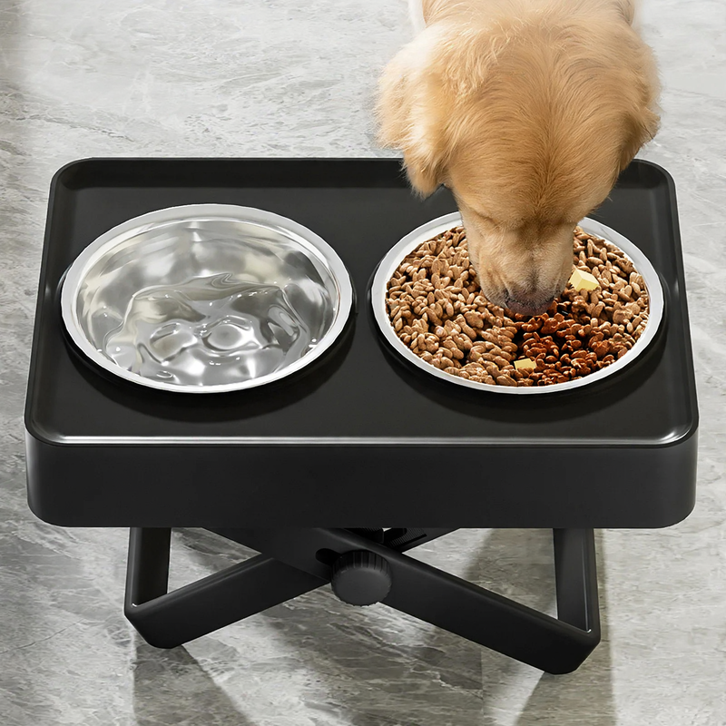 Elevated double bowl made of stainless steel for large dogs