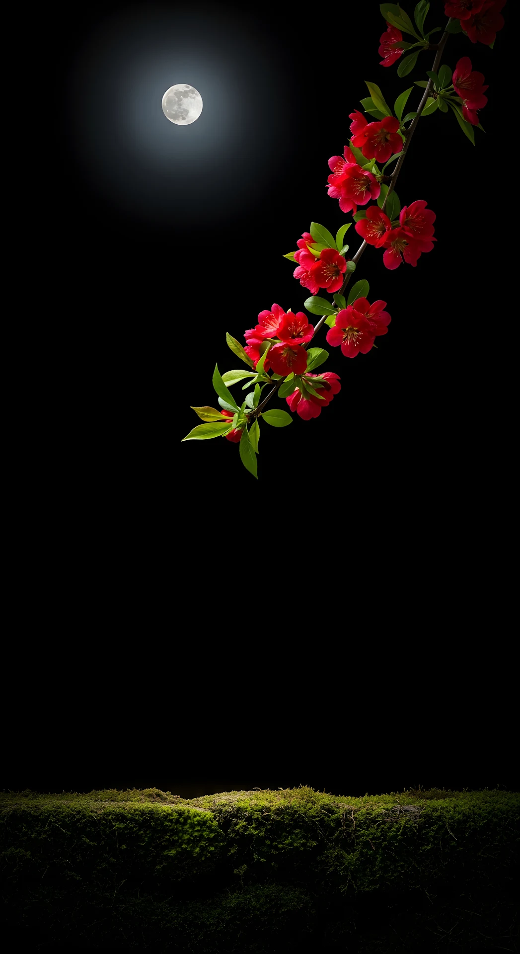 Dramatic Night Scene with Red Blossoms Branch Hanging Over Stone Wall and Full Moon - Free 4K mobile Wallpaper