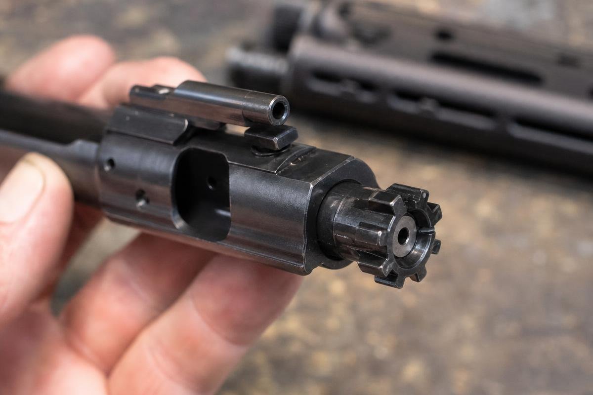 Carpenter 158 BCG bolt face detail showing mil-spec bolt carrier group steel construction