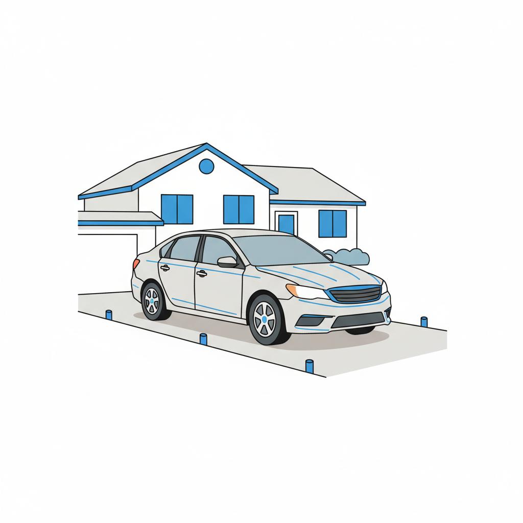 Minimalist 2D vector of a mid size sedan parked at a suburban home emphasizing car condition and resale value on a white background with blue accents