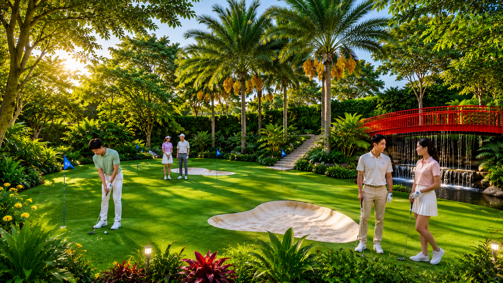 Sân golf putting green trên thảm cỏ nội khu Bcons NewSky