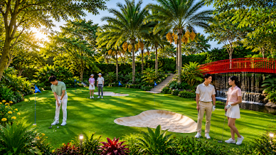 Sân golf putting green trên thảm cỏ nội khu Bcons NewSky