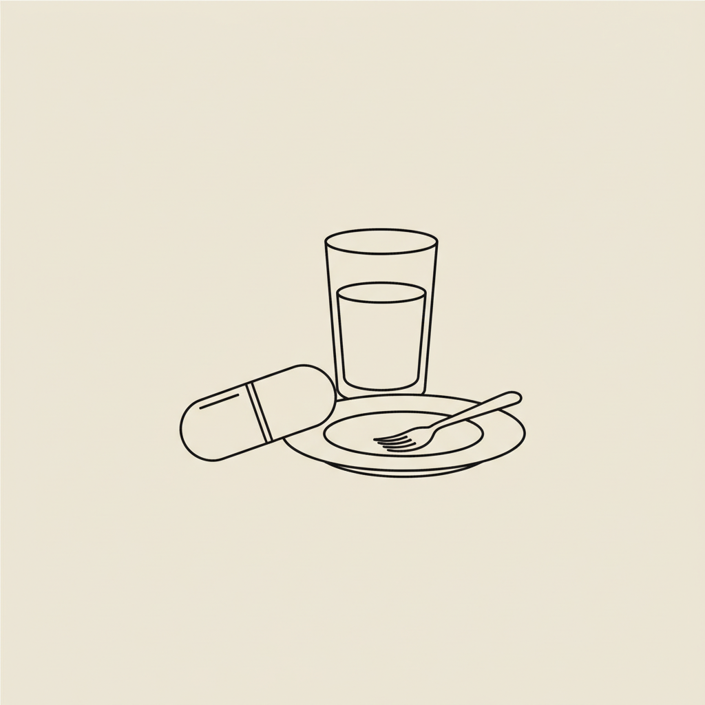 Minimalist Tonum-style line illustration of a capsule, plate with fork, and water glass on beige background, representing chromium picolinate lower blood sugar.