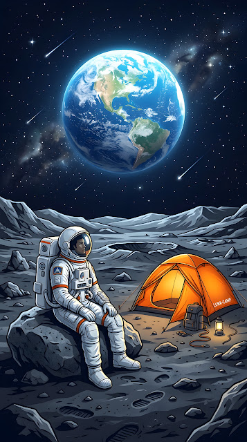 Stylized Illustration of an Astronaut Camping on the Moon Watching Earth - Free mobile Wallpaper